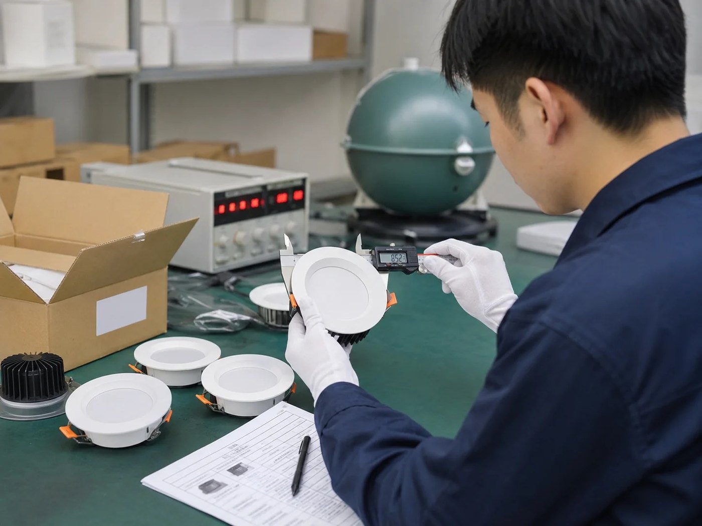 Technician measuring a fitting at the Foshan factory